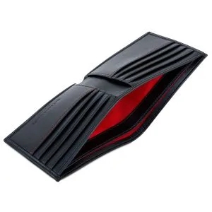 Open black bifold wallet with red lining, showing multiple card slots and compartments. Made from vegan corn leather with RFID protection.