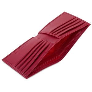 Red bifold wallet with matching red lining, showing multiple compartments. Vegan corn leather with RFID security.
