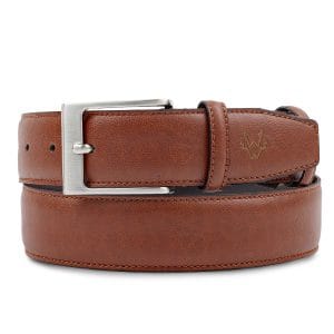 Coiled brown vegan leather belt featuring a slightly rectangular silver buckle, offering timeless style and durability.