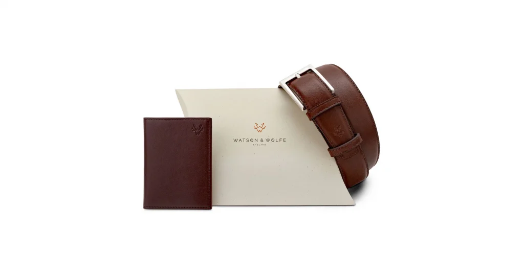 Bifold Card Holder & Belt Gift Set in Brown | Watson & Wolfe