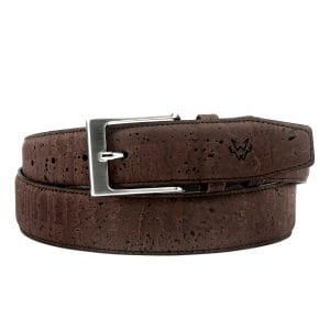 Coiled brown cork belt featuring a slightly rectangular silver buckle, crafted for timeless sustainability and durability.