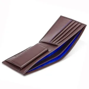 Chestnut brown open coin wallet with striking cobalt blue lining, featuring storage for coins, notes, and multiple card compartments.