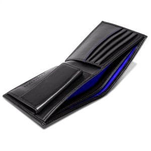 Open black vegan leather wallet with cobalt blue lining, showing card slots, an internal coin section, and space for cash and receipts.